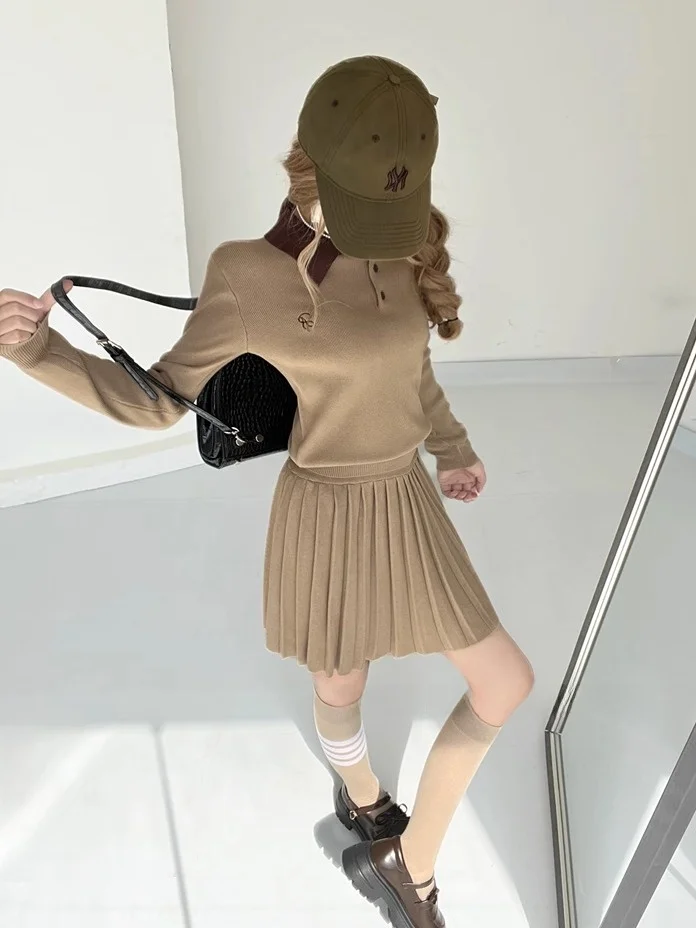 

Philosophy Girl's Preppy Sle Knitwear ort Top And Skirt Set Slimming Pleated Dr Spring Faion Ensemble