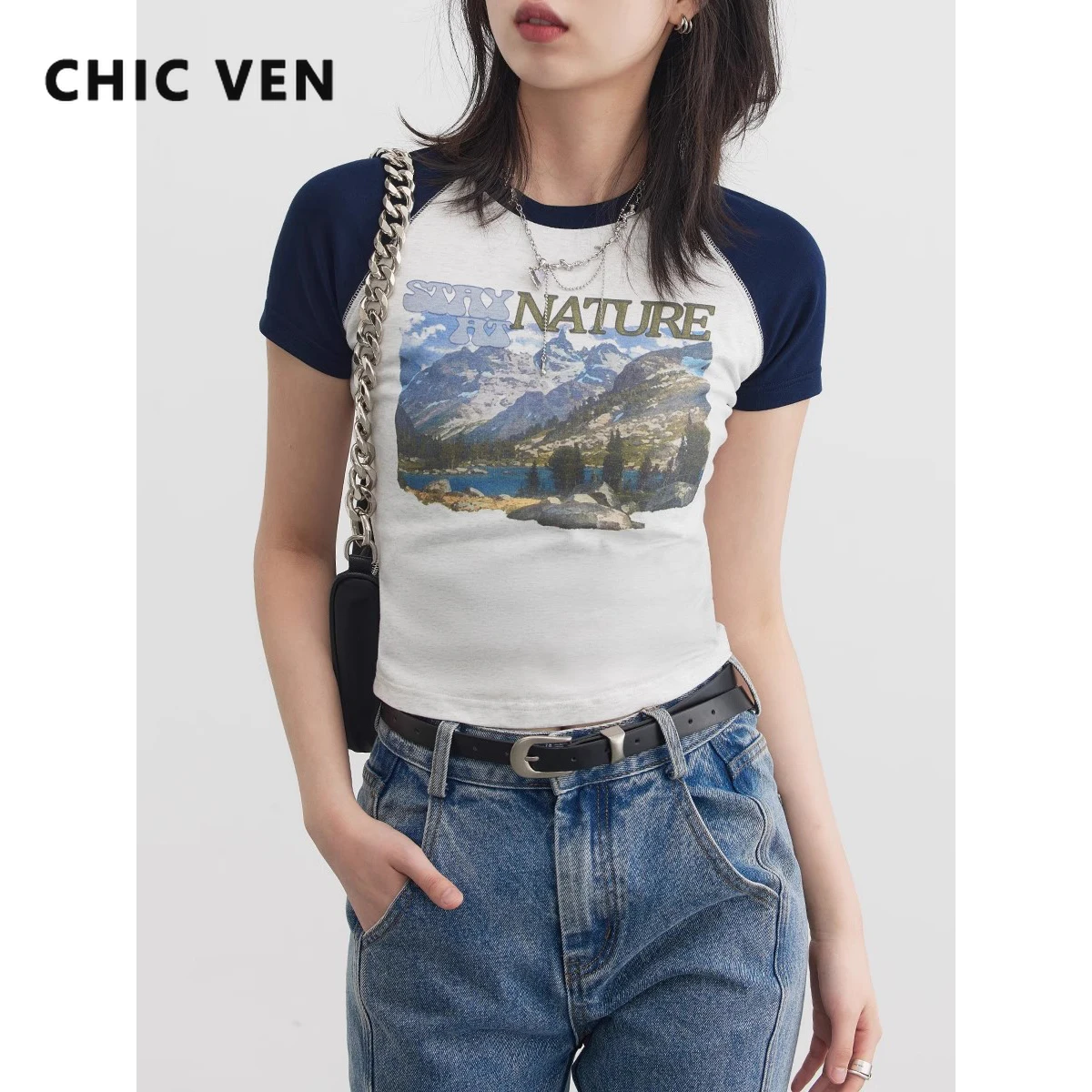 CHIC VEN Women Tees Retro Raglan Sleeve Female Printed T-shirt Girl Round Neck Short Sleeve Female Top Summer 2023