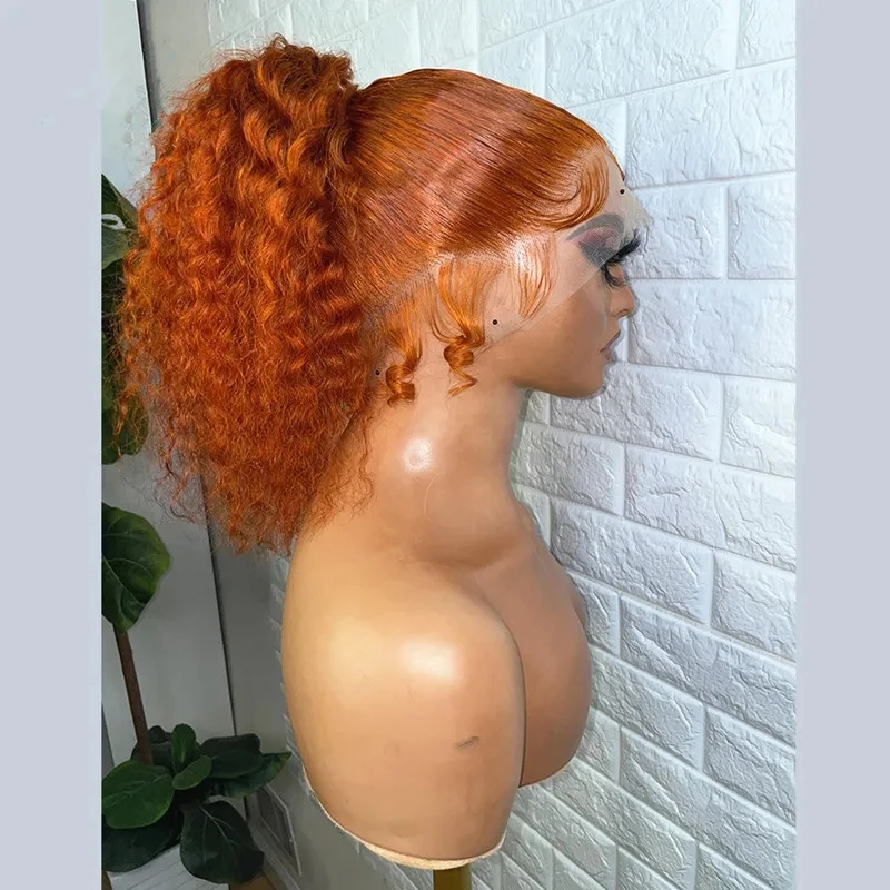 Perruque Lace Front Wig sans colle synthétique crépue bouclée pour femme, cheveux de bébé longs, orange vidéo, densité 180, degré de chaleur, préplumée, 24'