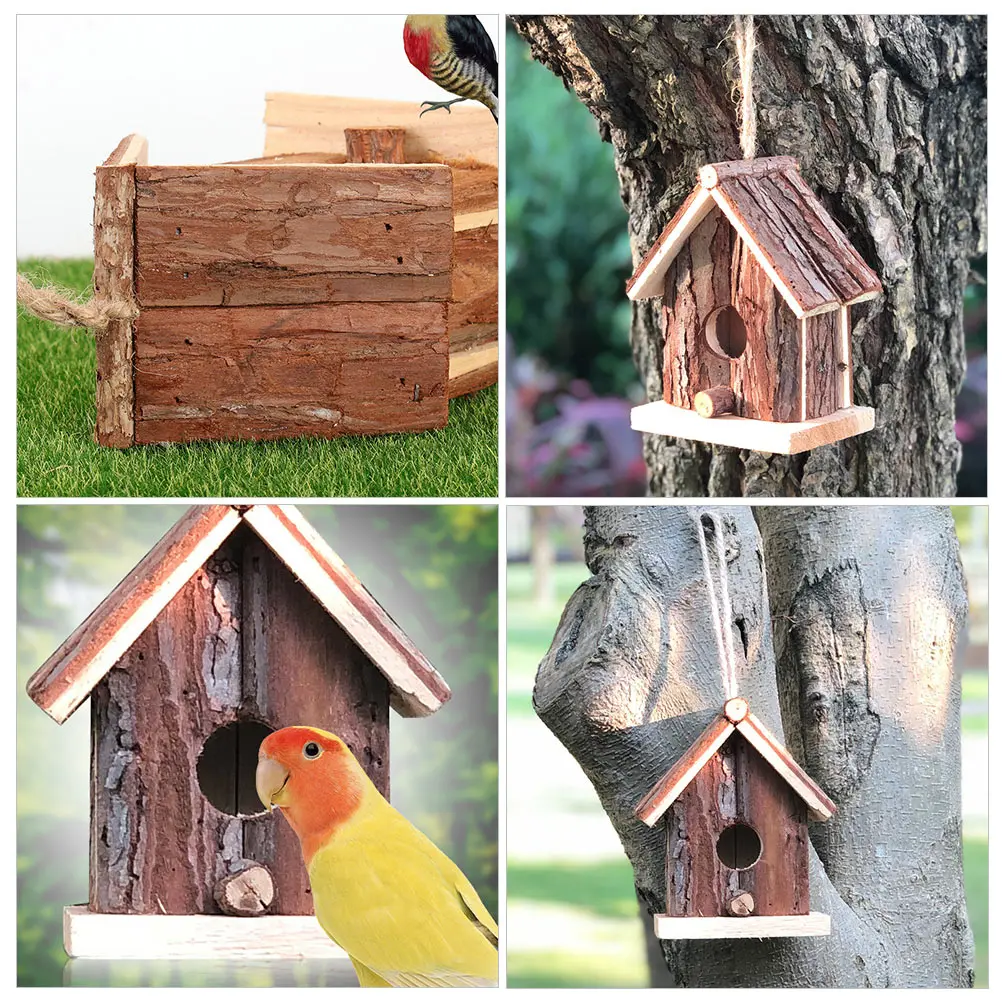 

Wooden Bird House Bark Roof Small Medium Birds Shelter Garden Decor Pet Cage Wooden Nest Bird Hatching Box Home Garden Art Craft