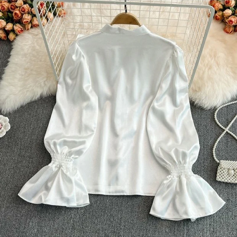 High Quality Satin Loose Shirt Long Flared Sleeves Ruffles O Neck Beading  Women Gentle Office Lady Casual Blouse