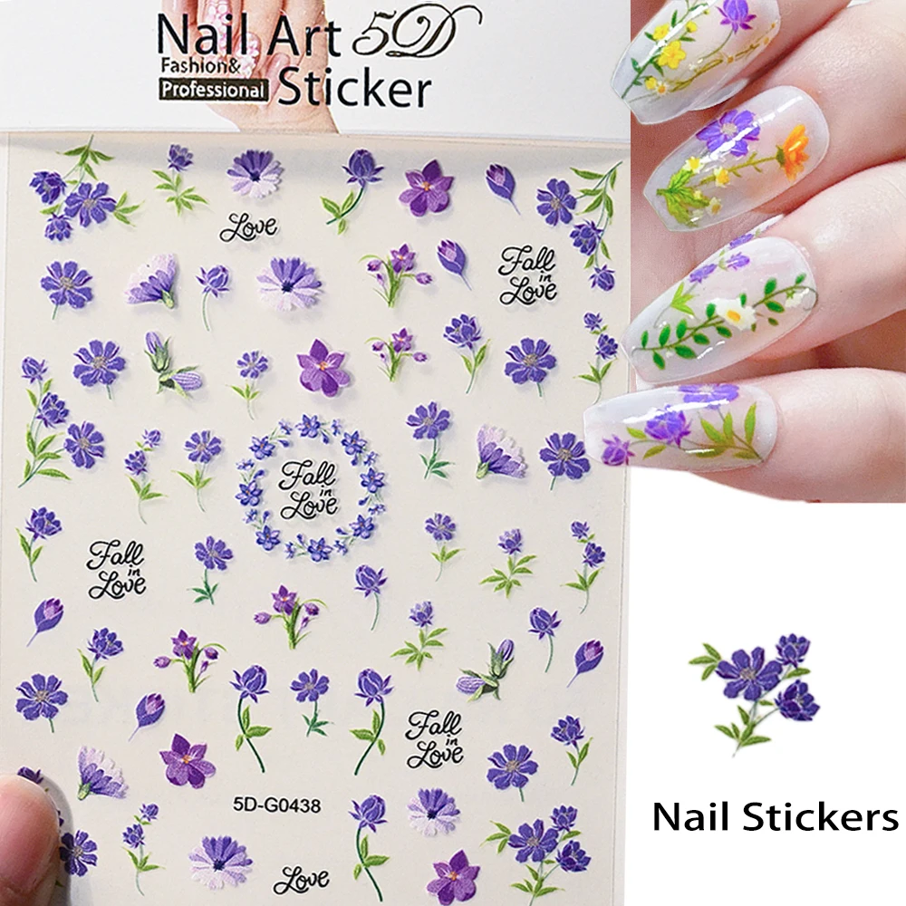 1 pièces 5D rêve violet feuille florale plante ongles autocollants printemps été fleurs sauvages vives ongles décalcomanies Style pastoral manucure décalcomanies