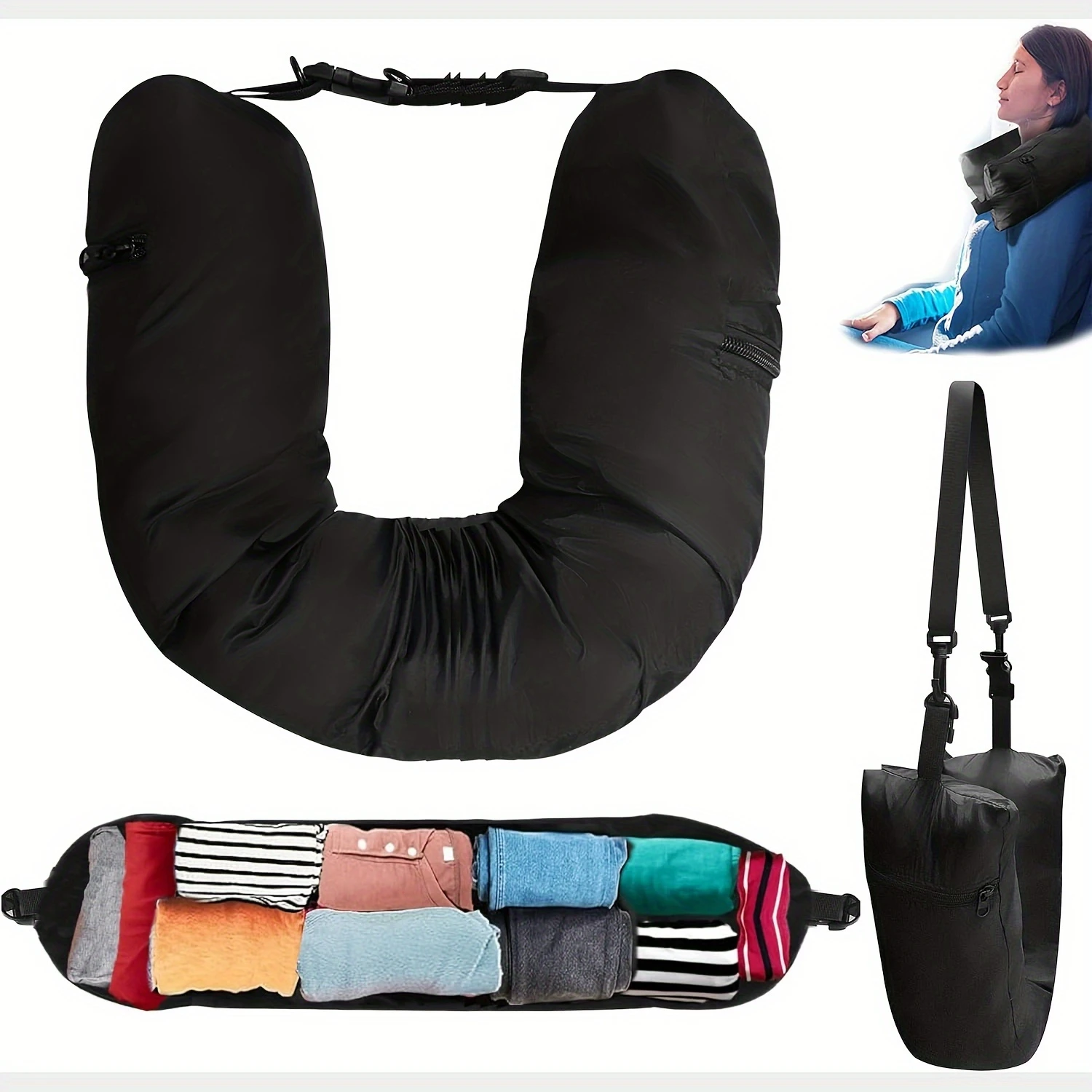 

1pc Stuffed Travel Pillow, Stuffed Clothes Neck Pillow, Waterproof Bag Stuffed Travel Airplane Car Relaxing Neck Pillow