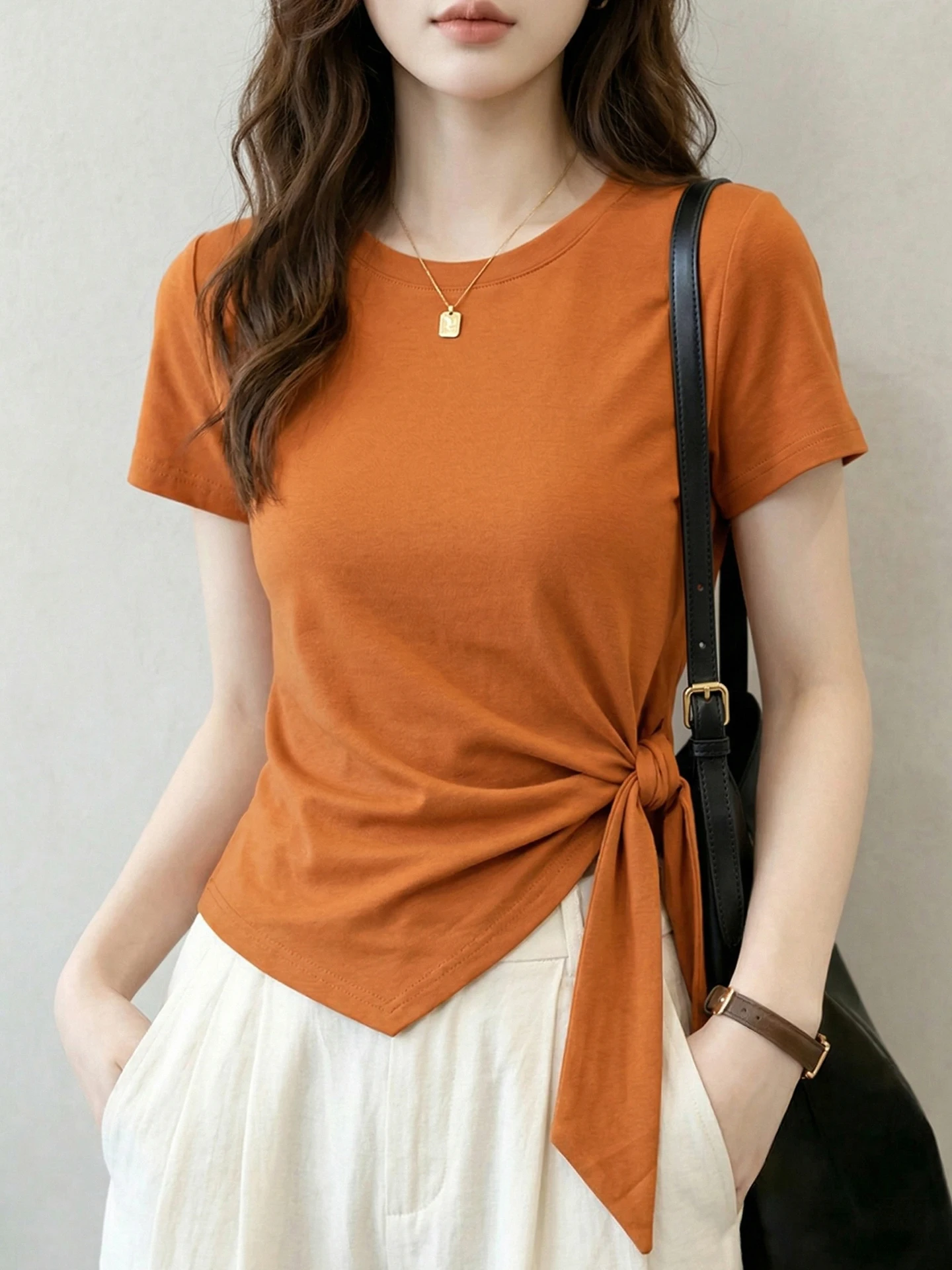 

Chic Anti-Aging Color Versatile Short Sleeve T-Shirt Women's Summer Trendy Design Belted Top Korean Style Straight Cut