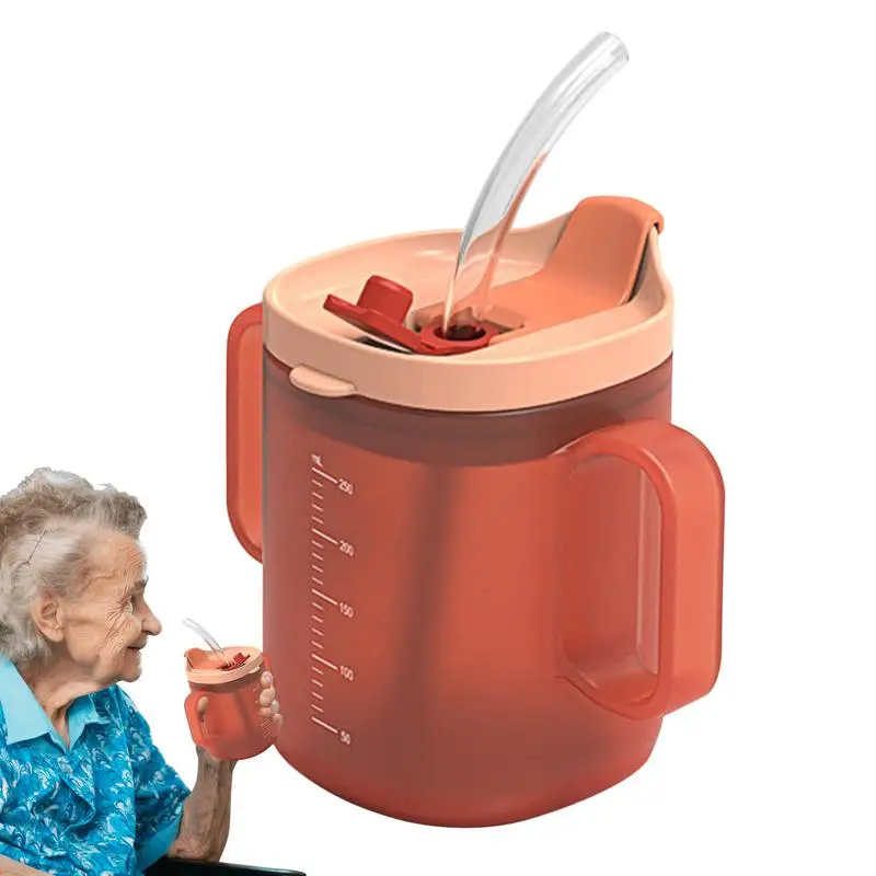 300ml Elderly Water Cup Unspillable Cup with Handles Drinking Cup Water Bottle  Feeding Cup with Lid and Straw for Patients