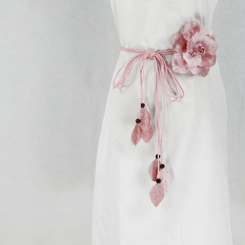 Self-Tie Waist Belt for Women Bohemian Seaside Braided Dress Belt with Flower Braided Belt Thin Waistband Colorful Knot Vintage