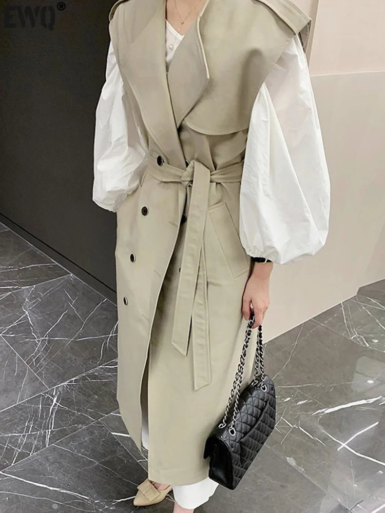 [EWQ] Women Suit 2024 Spring New Chic Loose Coats Lapel Lace-up Sleeveless Jacket + Simple O Neck Lantern Sleeve Shirt Dress