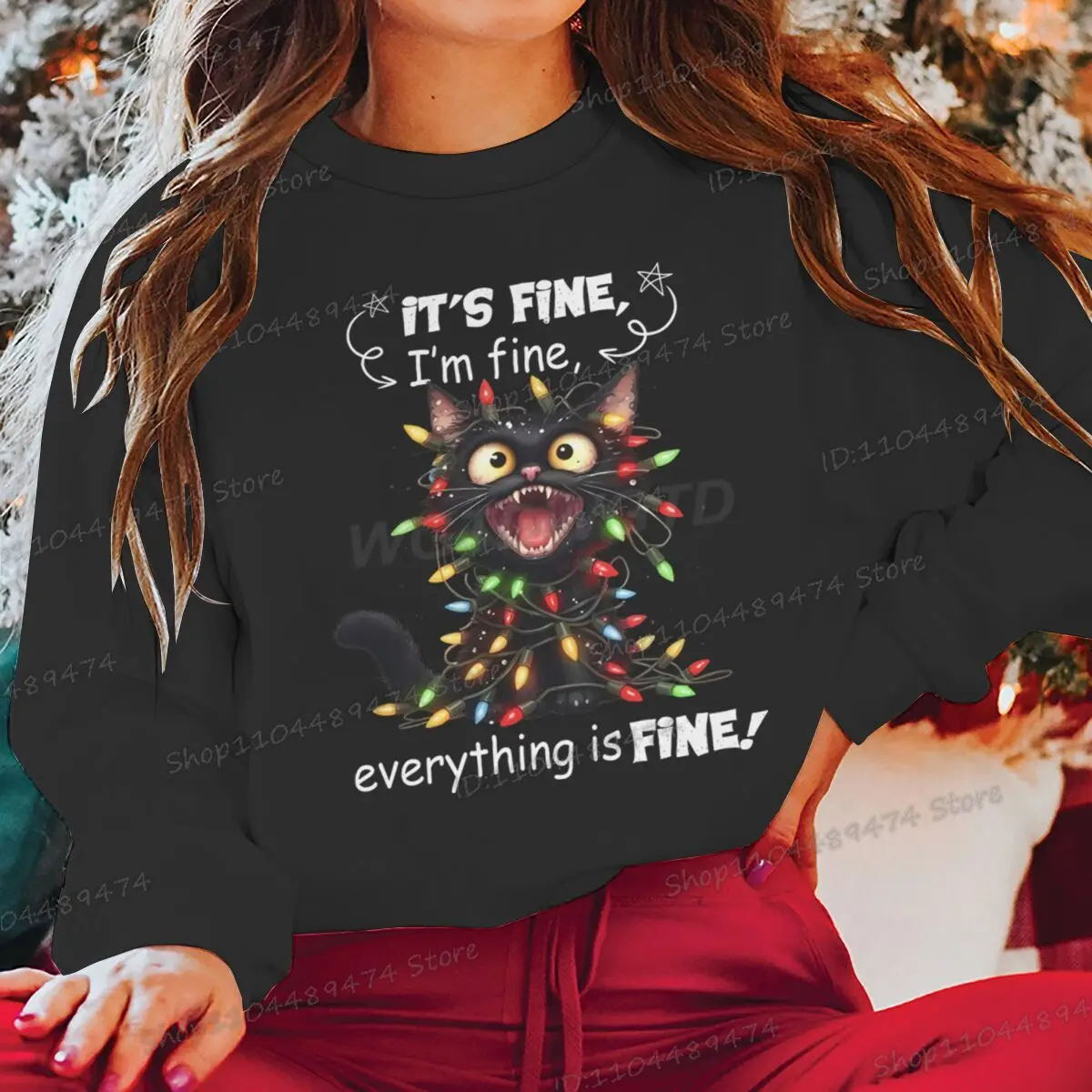 إنه جيد أنا بخير كل شيء جيد عيد الميلاد البلوز الرجال النساء الصوف مضحك القط البلوز عيد الميلاد Y2K سوداديرا بلوزات