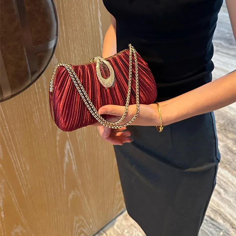 

Chains Party Prom Handbags with Rhinestones for Wedding Bride Women's Elegant Satin Evening Bag Pleated Clutch Wedding Purse
