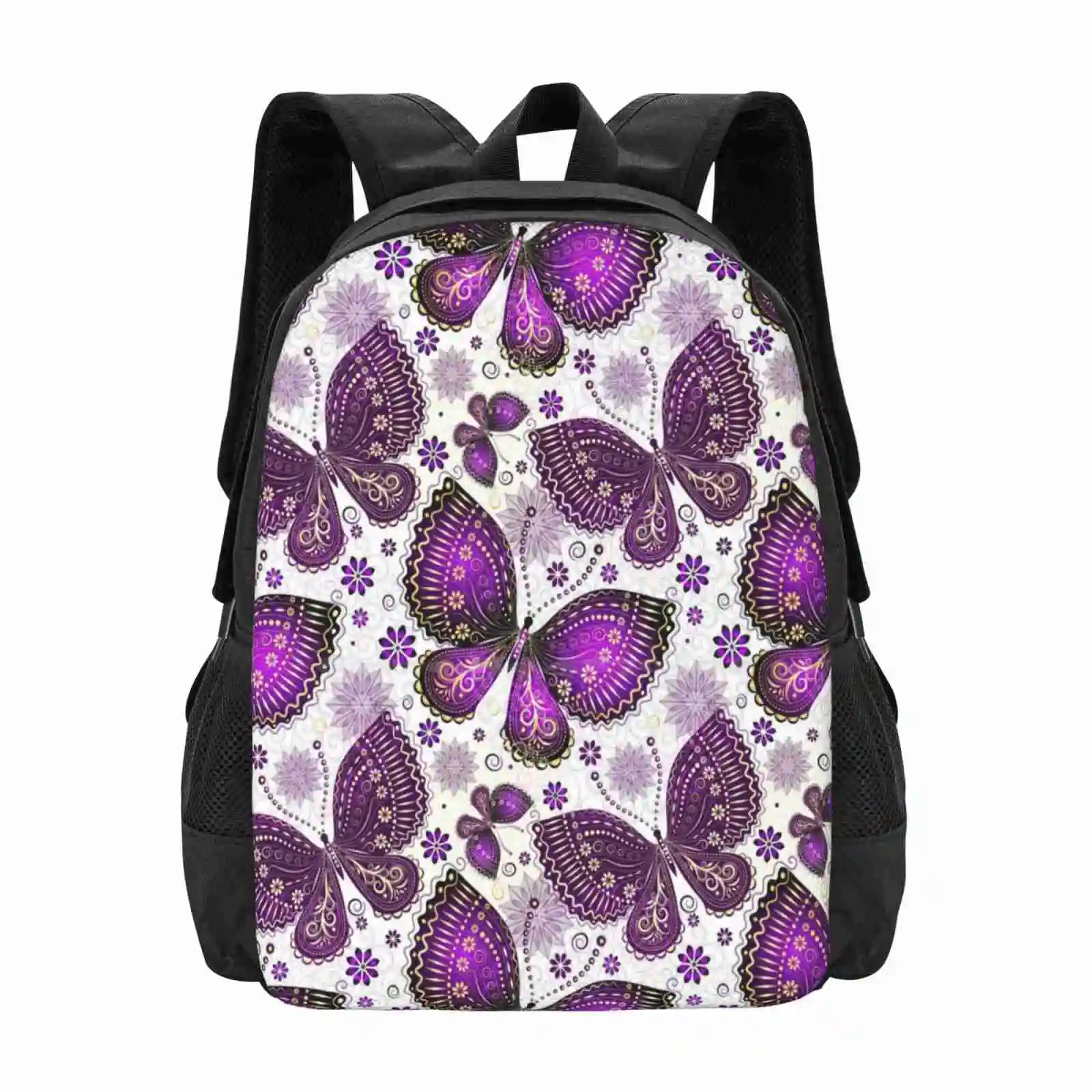 

Ornate Purple Butterfly Pattern With Flowers And Swirls Hot Sale Schoolbag Backpack Fashion Bags Butterflies Flowers Floral