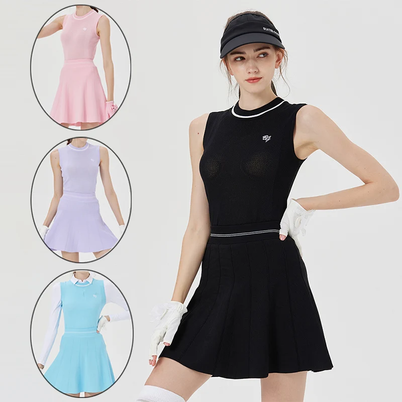 Blktee Women Knitted O-neck Golf Tank Tops Elastic Sleeveless Shirt Ladies High Waist Slim Short Skirt 2 Piece Golf Sport Suits