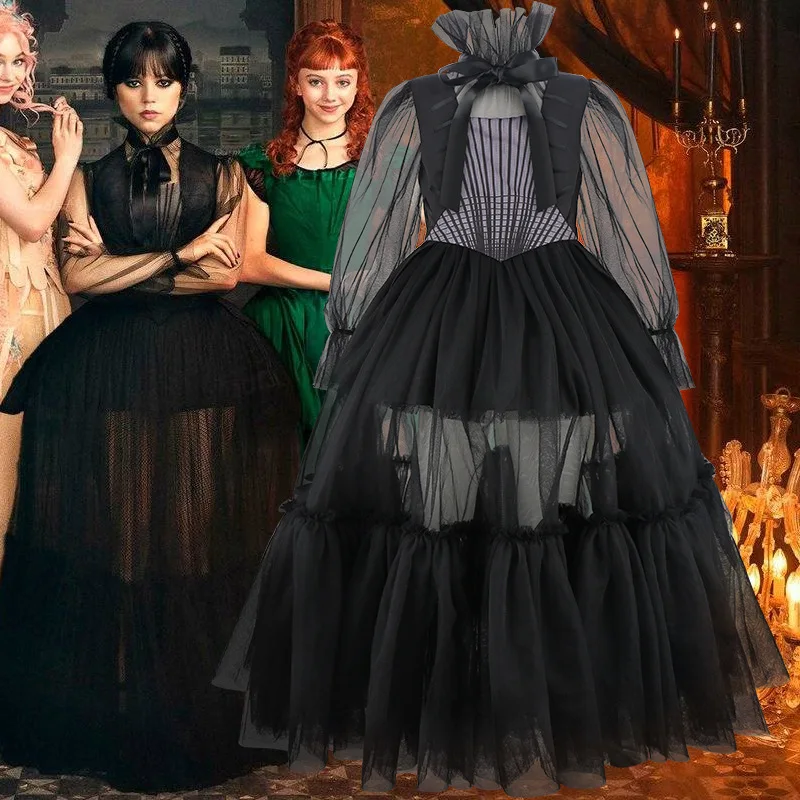 Meninas trajes de halloween crianças longo vestido preto com acessórios bonito vestir-se roupas de aniversário menina carnaval festa baile vestido