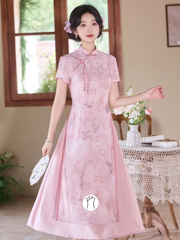

Pink Qipao Young Sle Ele Beautiful Guizhihu Bell Long ort Sve Floral Print Breathable Daily Wear
