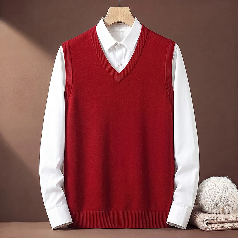 Herren V-Ausschnitt Einfarbige Strickweste Ärmellose Strickjacke Business Casual Slim Fit Pullover Tank Top Winter Warme Strickware – Detail 13
