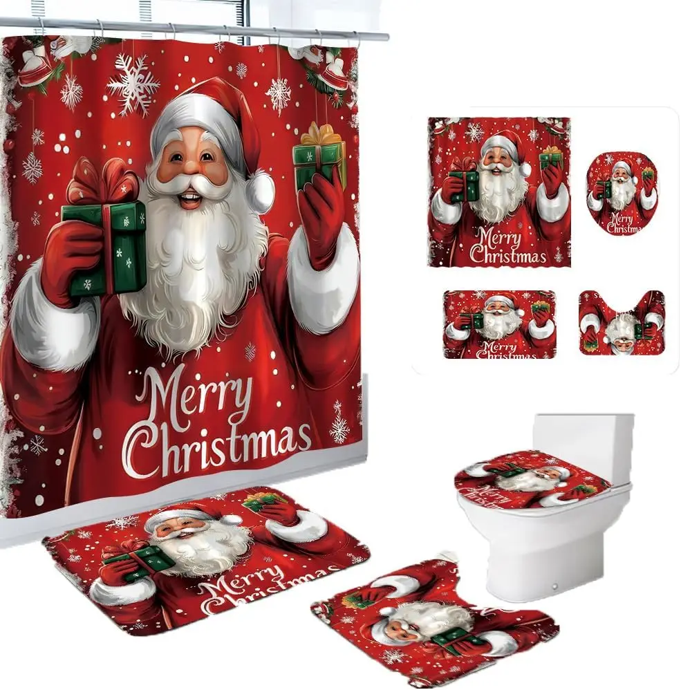 Merry Christmas Shower Curtain Sets for Bathroom,Red Santa Claus with Non-Slip Rugs Toilet Lid Cover and Bath Mat 12 Hooks4 PCS