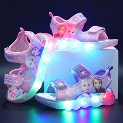 Disney Summer Girls Fashion Frozen Elsa Princess Led Light Up Luminous Sports Sandals Kids Non-slip Outdoor Sandals Toddler Shoe