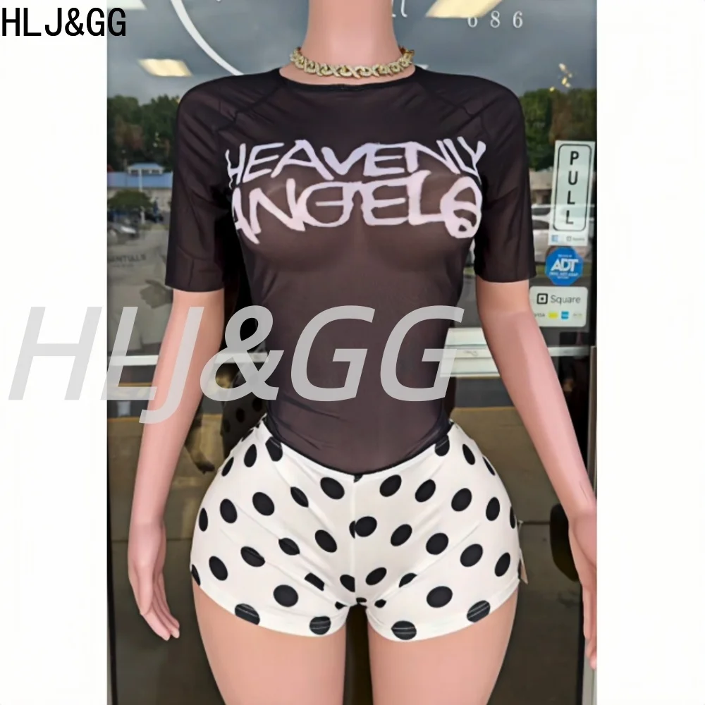 HLJ&GG Trend Y2K Mesh Letter See Though Top Two Piece Sets Women O Neck Slim Crop Tshirts And Polka Dot Shorts Outfit Streetwear view 3