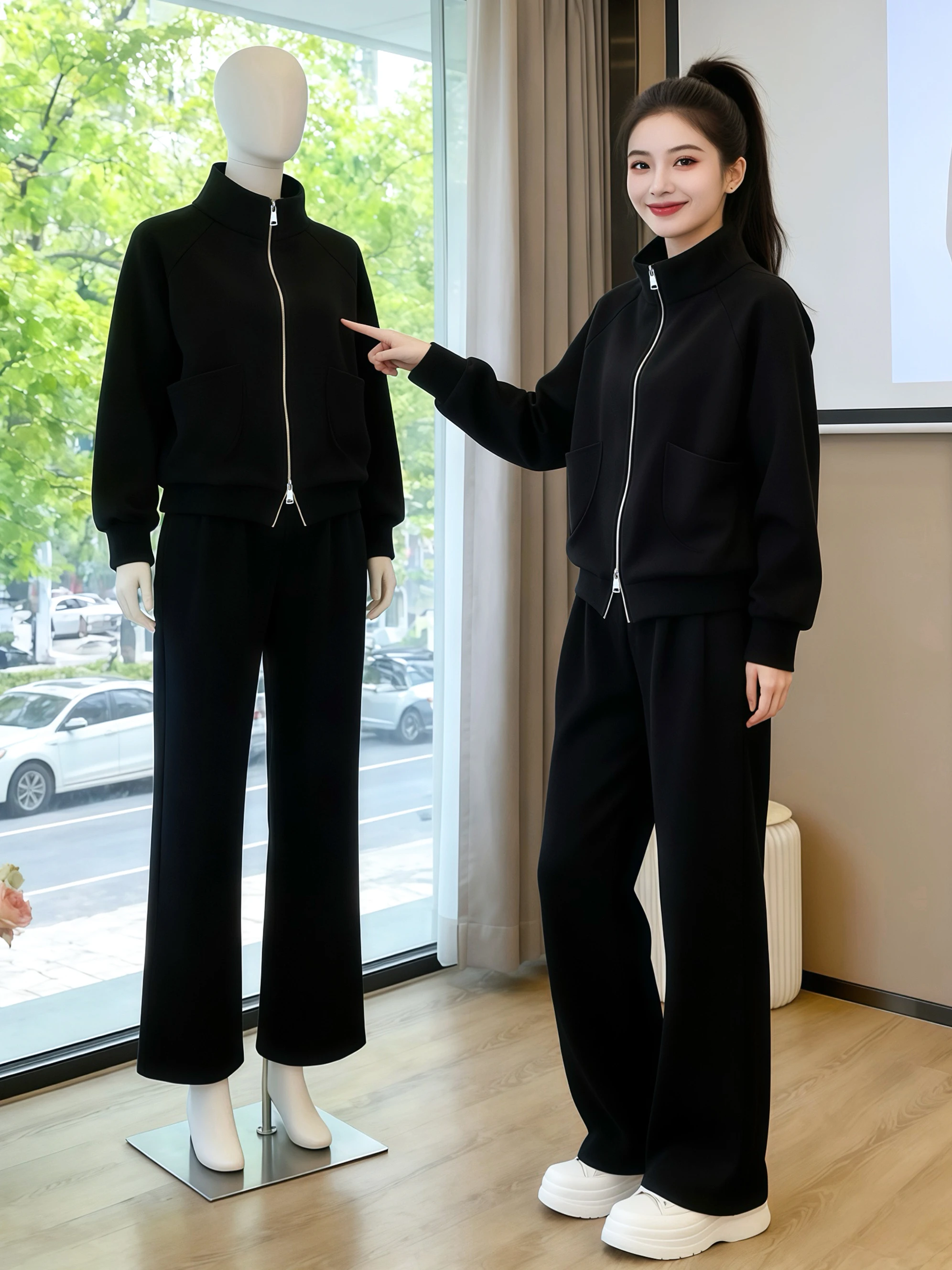 

Bla Sweatirt Set Women's Casual Spring Autumn Wide Leg Pants Zipper Collar Top Bot Two Piece Set Faion Outfit