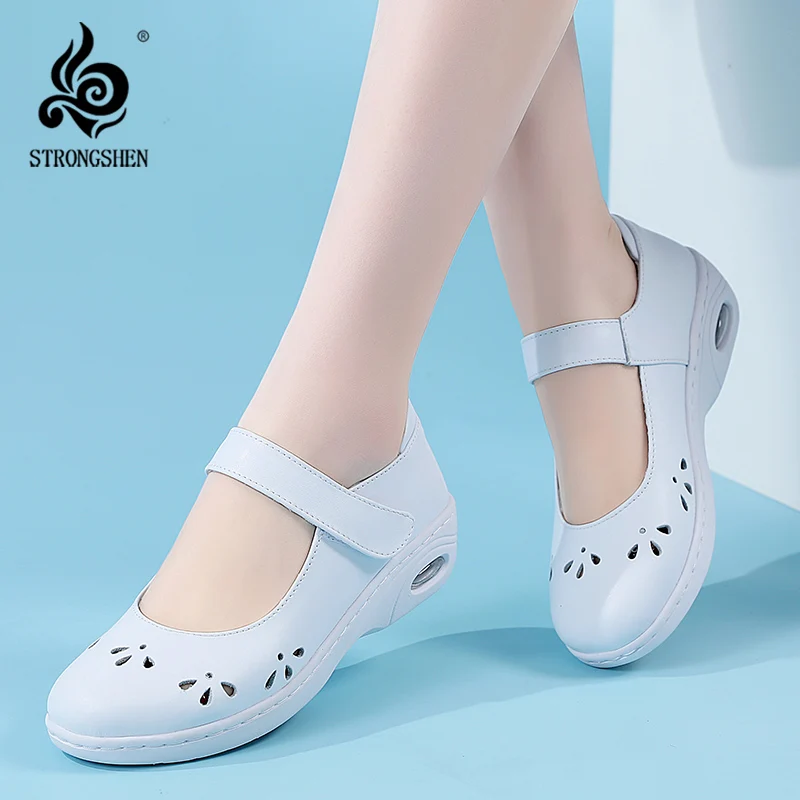 

STRONGSHEN Women Flat Shoes Nurse Shoes Leather Hollow Out Breathable Soft White Work Shoes Slip on Wear Resistant Cushion Shoes