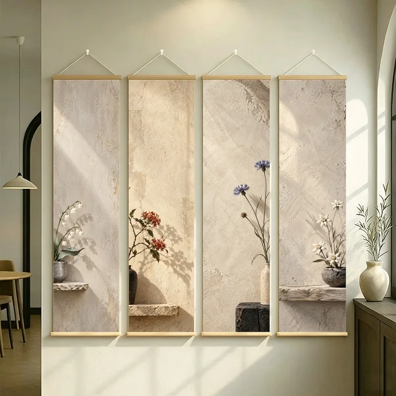 Wall Decorations Lily of the Valley Cornflower Ixora and Edelweiss, Wabi Sabi Floral Pearlescent Canvas Scroll for Tea Room