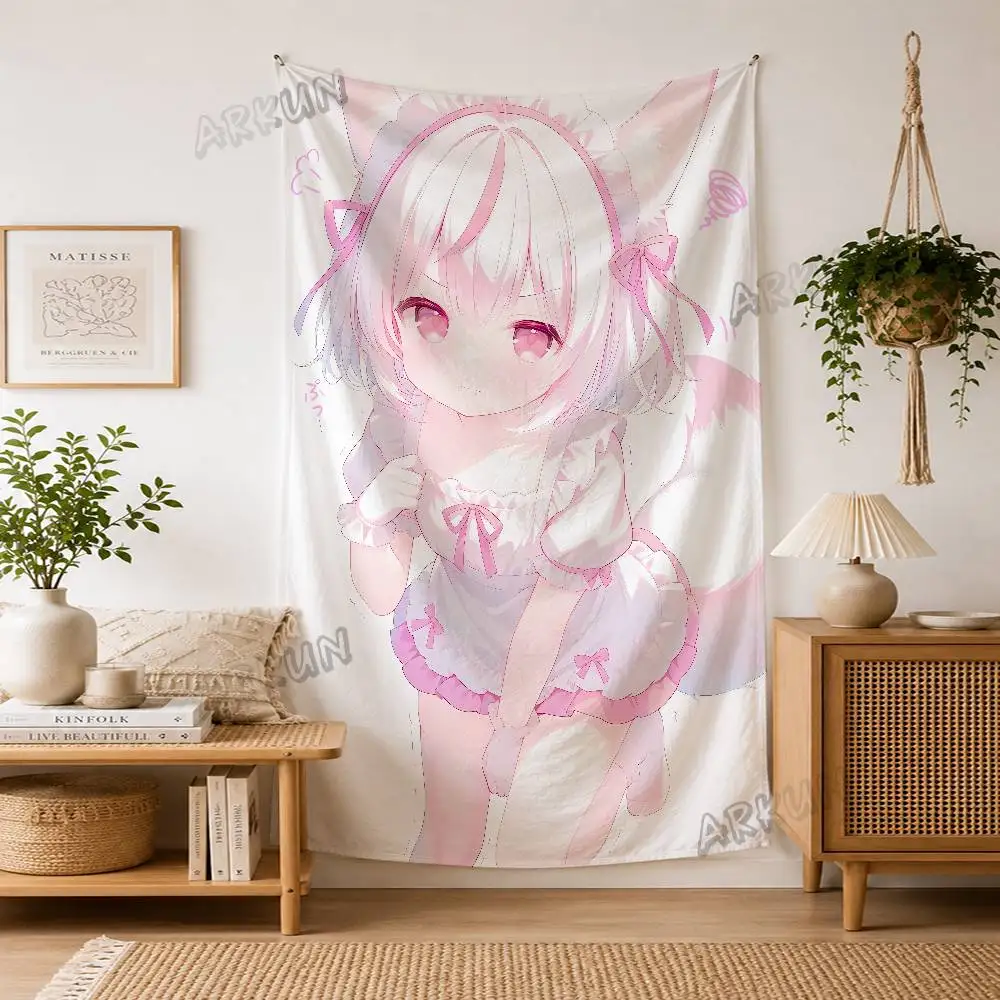 Sweet Gothic Lolita Anime Girl Tapestry, Pastel Pink Manga Style Wall Hanging, Cute Dark Aesthetic Wall Art Tapestry Decor