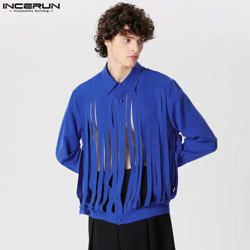 

INCERUN Men Shirt Solid Color Lapel Long Sleeve Hollow Out Sexy Men Clothing Streetwear 2024 Fashion Casual Party Shirts S-5XL