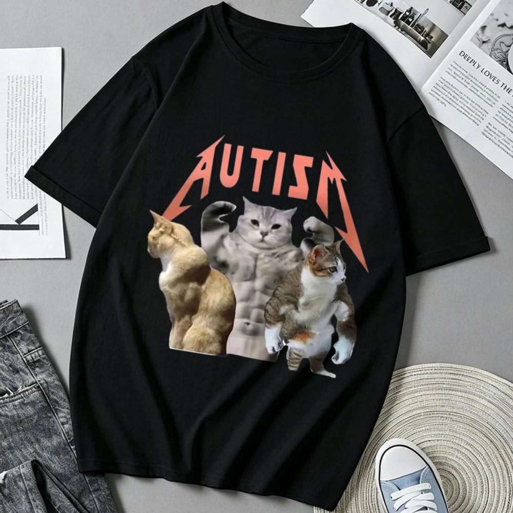 T-shirt Funny Cat Autism T-shirt Men Women Cotton Short Sleeve Tshirt Unisex Streetwear Grpahic Tees Printed Oversized Male Clot