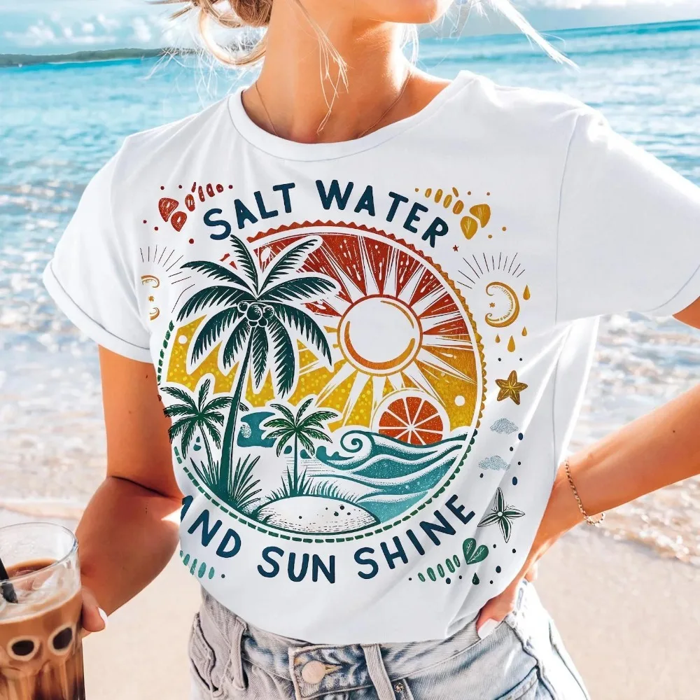 Salt Water and Sun Shine Shirt Summer Tops Retro Beach Clothes Tropical Shirt Summer Trip Shirt Graphic Print Streetwear Tees