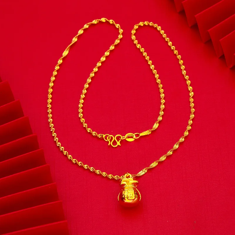 Daily Blessing Fortune Bag Pendant With Necklace For Women 24K Gold AU999, Gentle Solid Gold Women Necklace