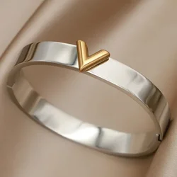 Stainless Steel Metal Letter V Bangles&bracelets for Women Fashion Brand Jewelry Contrast Color Bangles Accessories