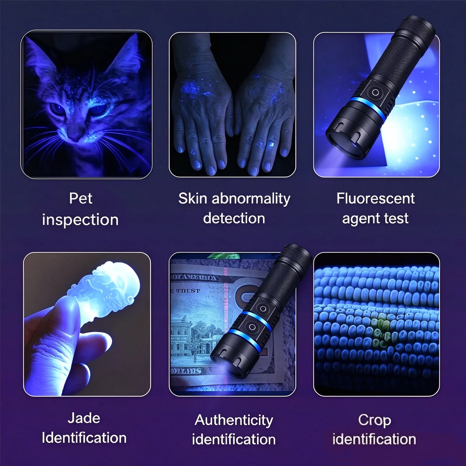High Power 395/365nm UV Flashlight USB Rechargeable Waterproof Black Light Purple Lamp Torch For Pet Urine Stains Detector