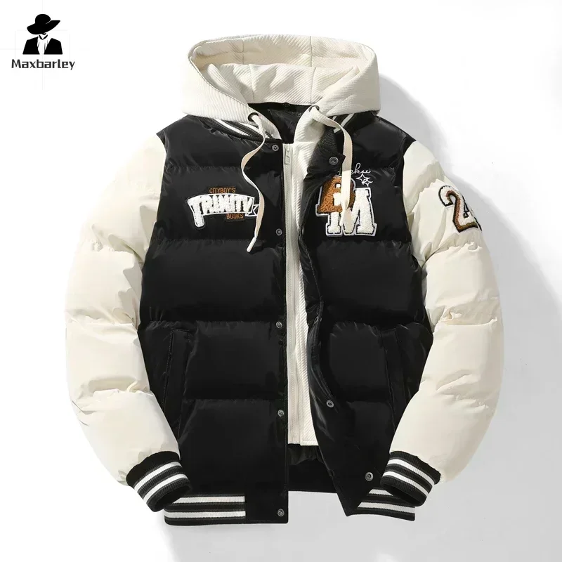 Winter Jacket Men\'s Harajuku Fashion Embroidered Fake Two-Piece Hooded Warm Parka Men Streetwear Loose Thickened Padded Jacket