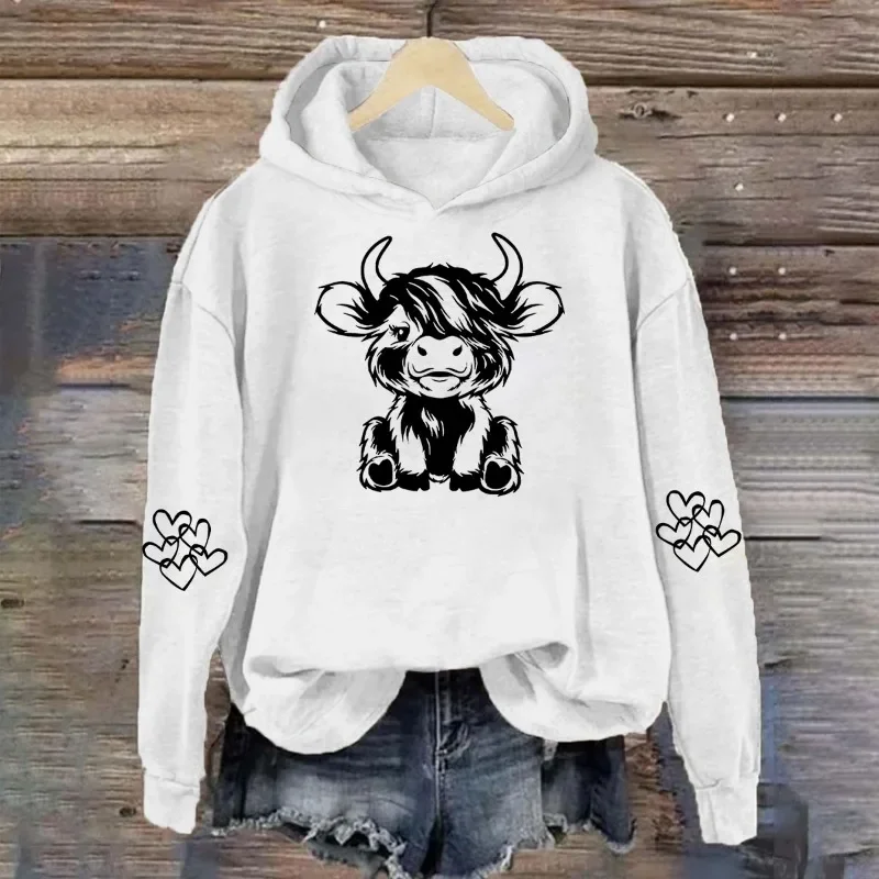 Women\'s Hoodie Highland Cow Print Casual Hoodie for Men Pullover Top Long Sleeve Unisex Sweatshirts With Hooded