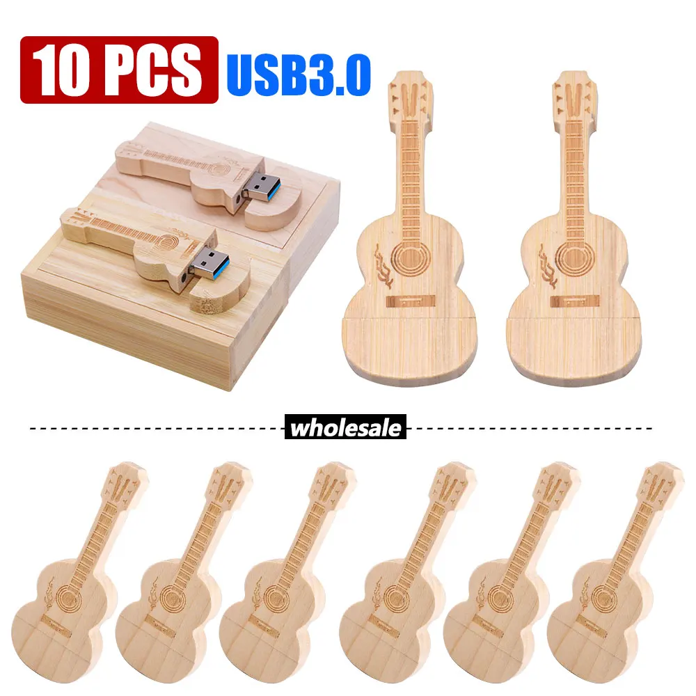 10PCS/LOT Wooden Guitar USB3.0 Flash Drive 8GB 16GB Cle U Disks 32G 64G 128G Creative Music Gifts Pen Drive Memory Stick memoria