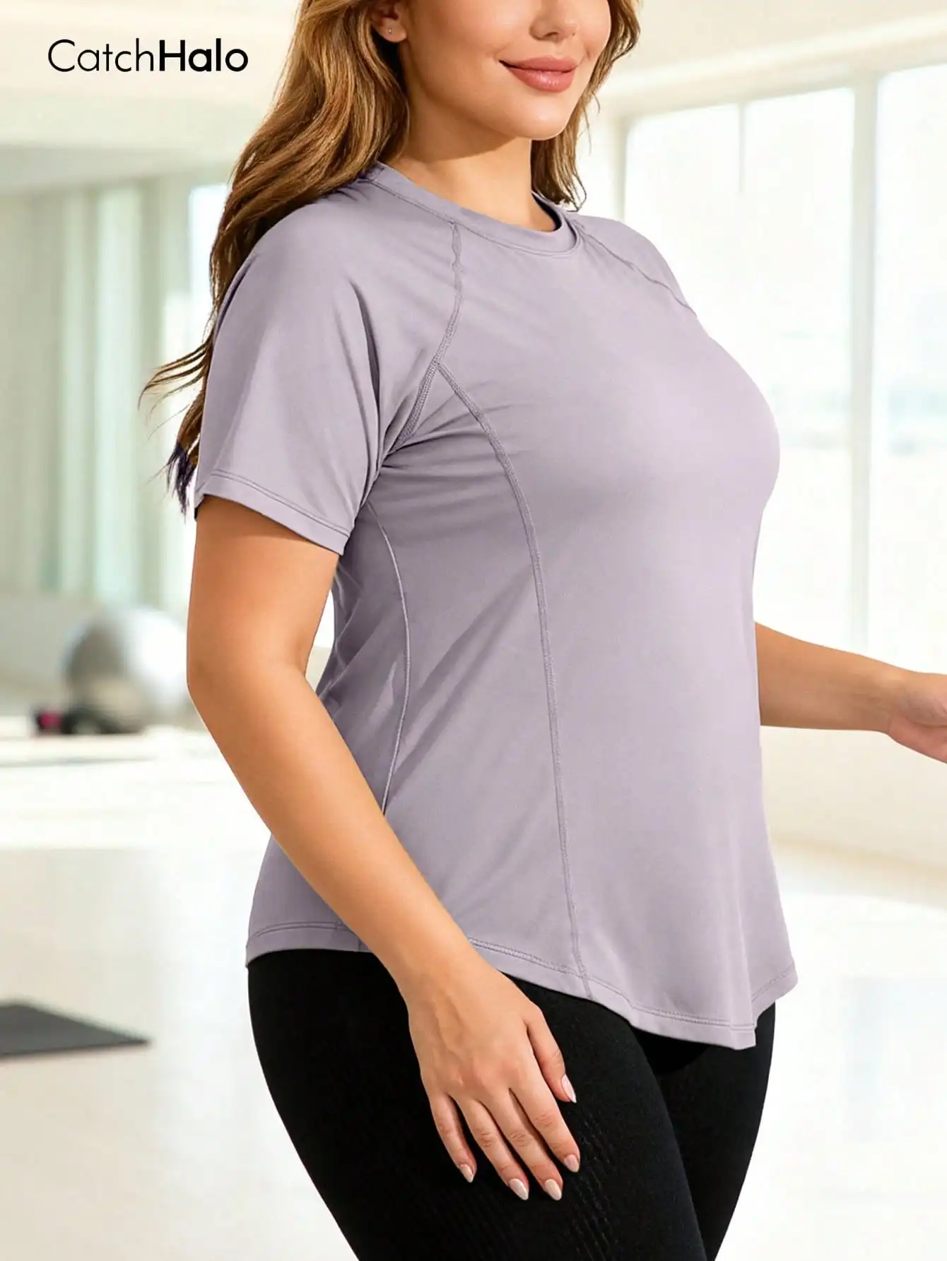 Plus Size Yoga Top Light Blue Waist Shaping Curved Hem Soft Reflective Label Fitness Casual Tee