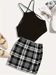 Elegant Two-piece Set Crisscross Back Bandana Hem Cami Top & Plaid Mini Skirt Outfits Women's Clothing