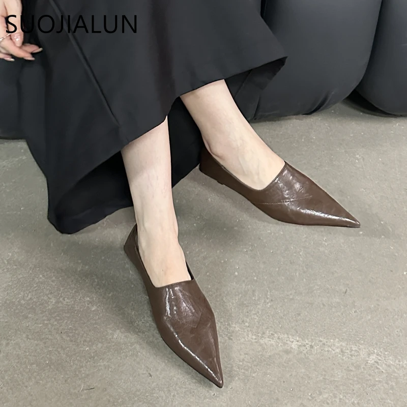 SUOJIALUN Autumn Women Pumps Shoes Fashion Pointed Toe Slip On Ladies Elegnat Boat Shoes Thin Low Heel Outdoor Office Lady Shoes