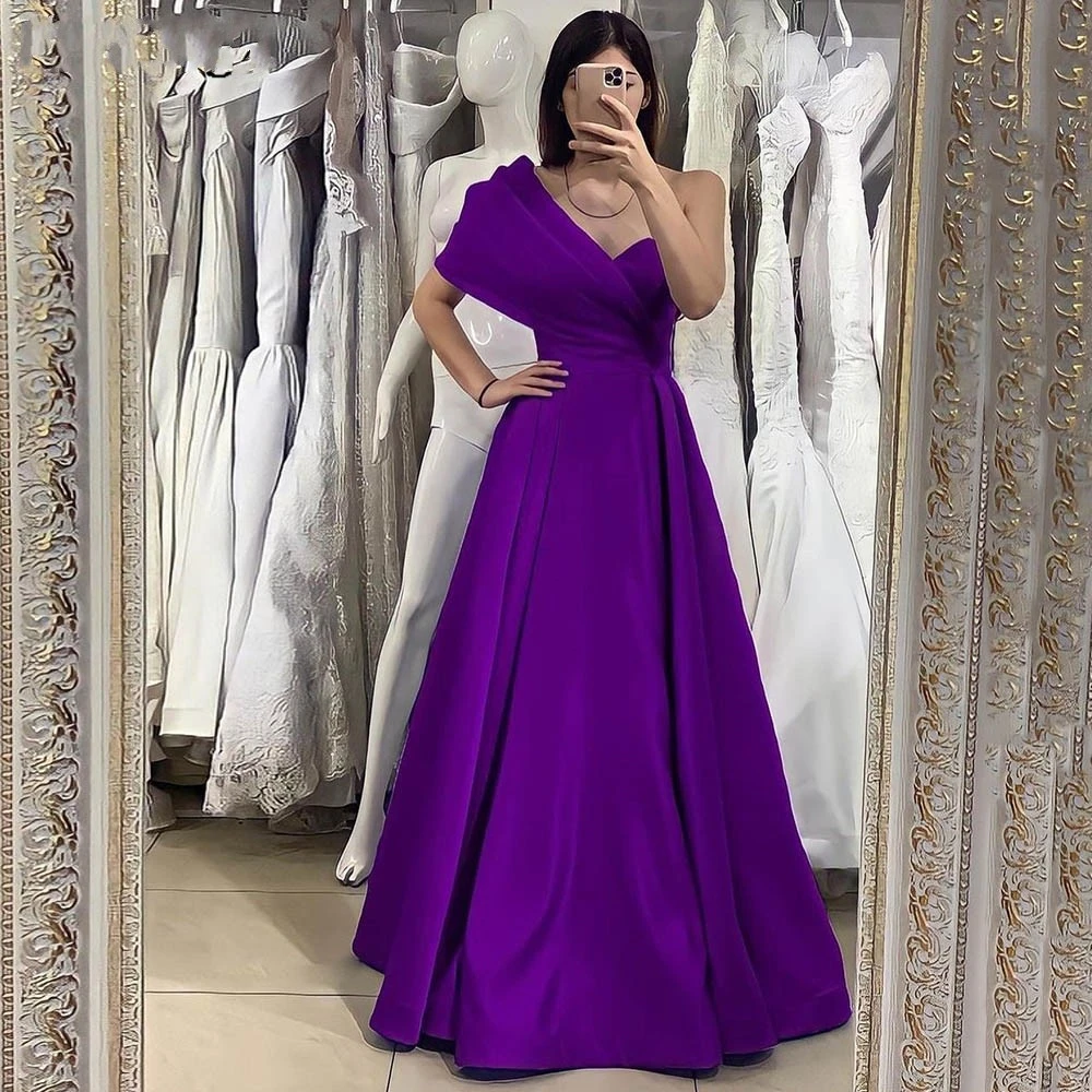 

One-Shoulder Satin Evening Dress With Pockets A-line Long Floor-length Ball Gown Pleated Sleeveless Backless Formal Prom Dress