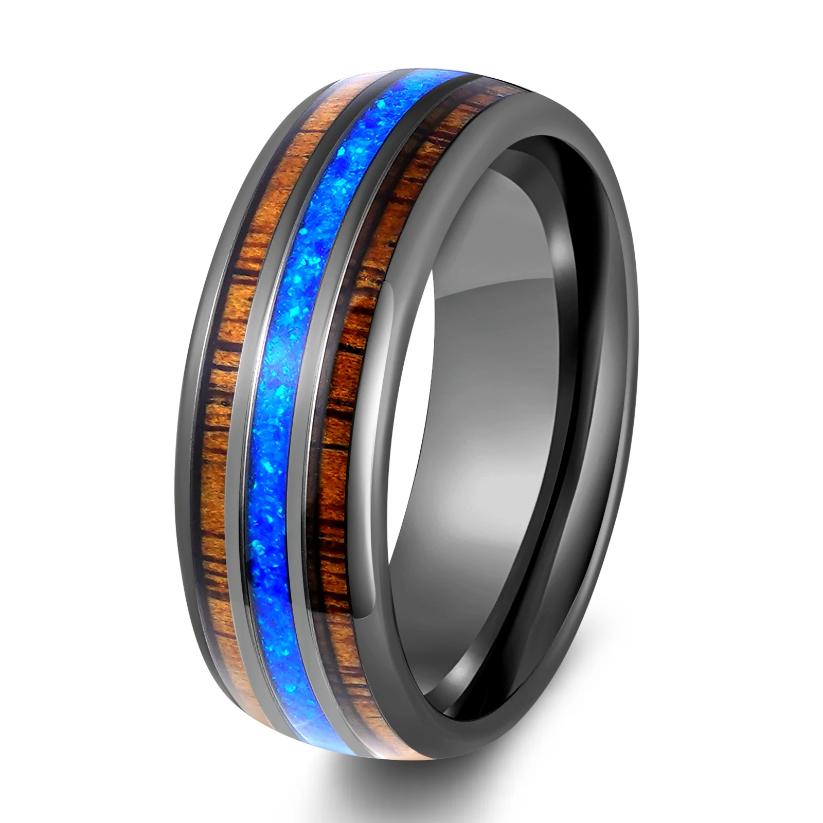 

POYA Acacia Wood Blue Opal Inlay Dark Gunmetal Black Tungsten Carbide Ring for Man
