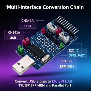 CH341A USB to I2C/SPI/UART/TTL/ISP/EPP/MEM Adapter, Multi-Protocol Parallel Converter
