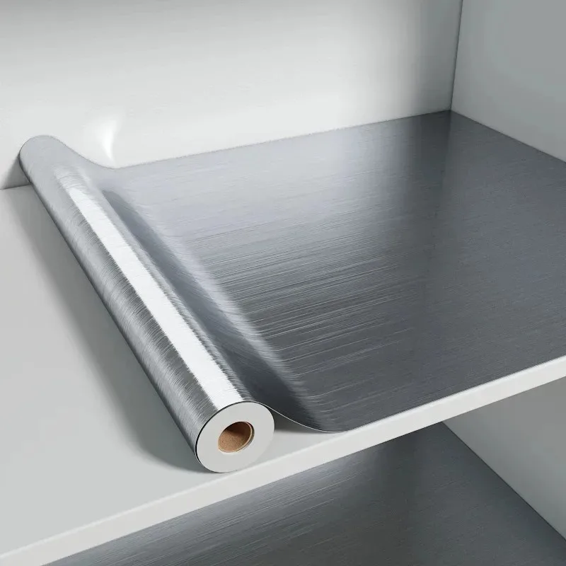 Filme Decorativo de Papel de Parede Removível em PVC Prata Escovada à Prova d'Água e Óleo para Eletrodomésticos, Cozinha e Elevadores