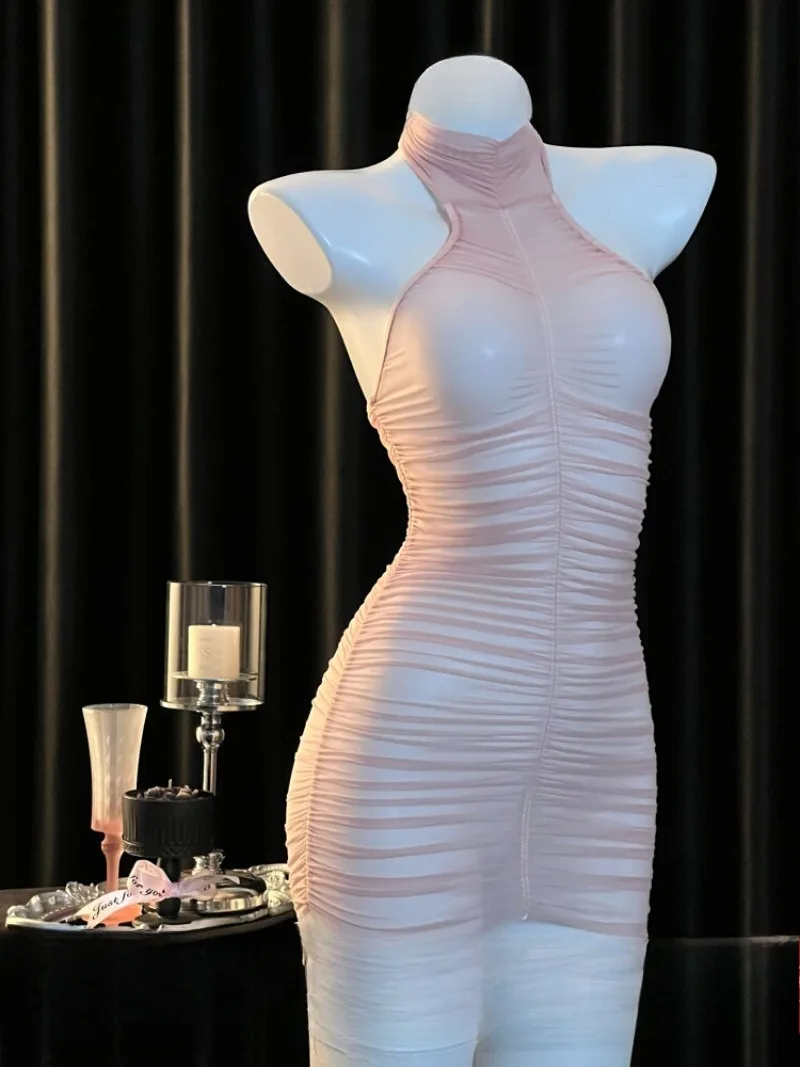 Süßer und reiner durchsichtiger Neckholder-Faltenrock, vollständig transparente Tüll-Dessous für Frauen, romantisches und verführerisches kurzes Kleid