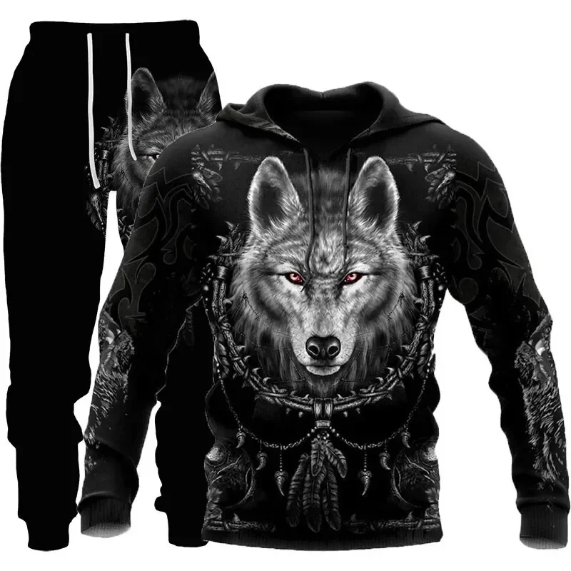 New Hoodie Sets Pullover Wolf Graphic 3D Printed Pants Suit  Autumn Casual Sweatshirt Tracksuit Set Fashion Men\'s Clothing Suit