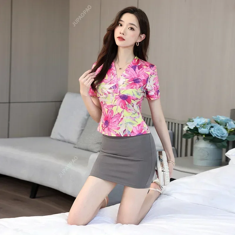 Spa Center Sexy and Elegant Women's Sauna Clothing Hotel Foot Bath Foot Therapy Work Clothes Printed Short Sleeves Sexy Retro