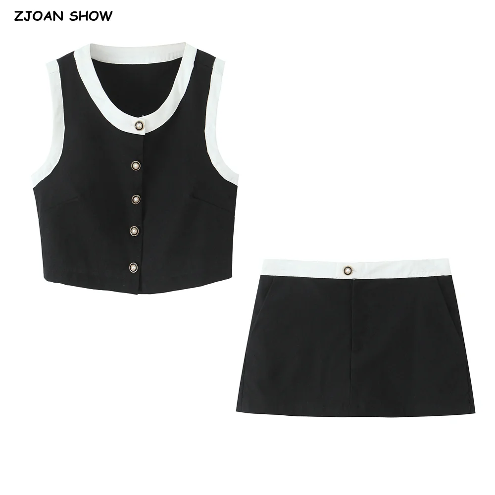 

2 pieces 1 set 2025 Summer Cotton Linen Black Spliced White O neck Open Buttons Sleeveless Tank Women Mini Shorts Suirts