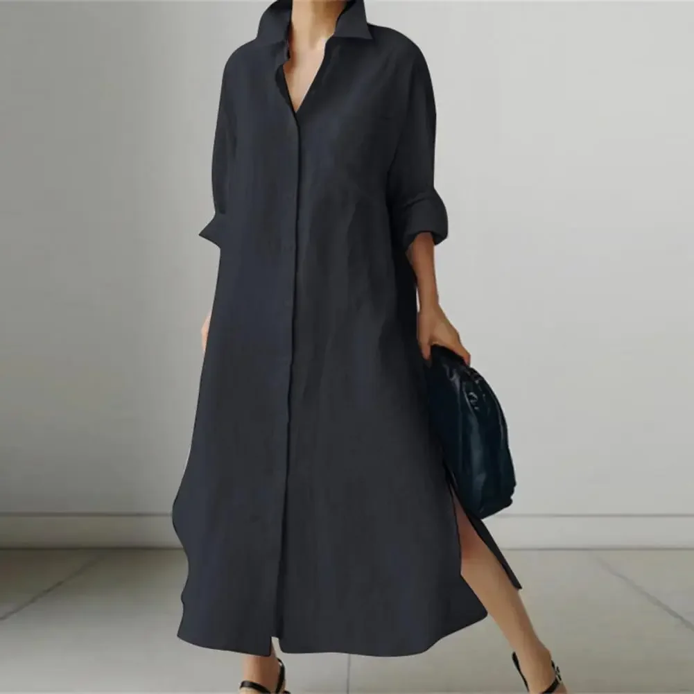 Loose Cut Maxi Dress Women Long Lapel Dress Stylish Women\'s Long Sleeve Maxi Shirt Dress with Irregular Split Hem Loose for Wear