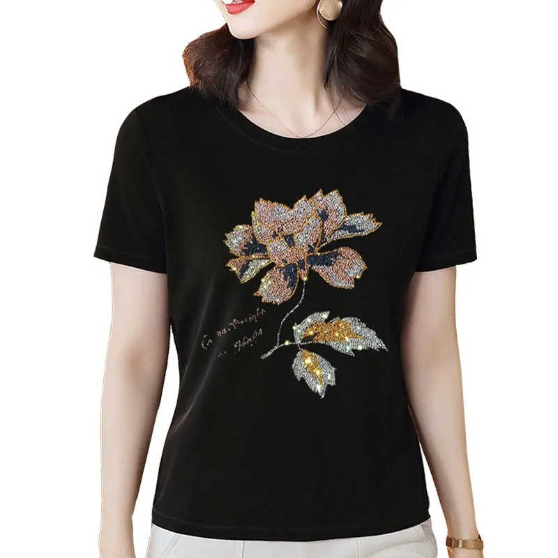 

New Summer Narcissus Flower Diamond Slim Middle-aged Short Sleeve T Shirt Woman Modale Cotton Black Bottom Cool Tops Y2k Female