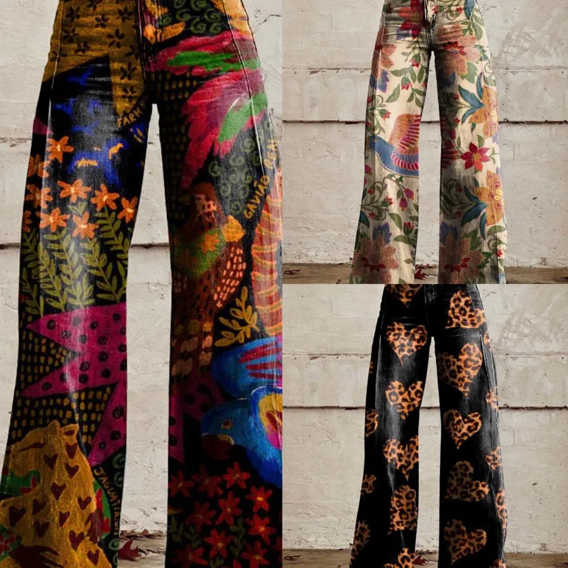 

Retro 3D Flower Printed Women's Pants Summer Versatile Large Y2K Wide Leg Pants with Loose Style and Imitation Cowboy Bell Pants