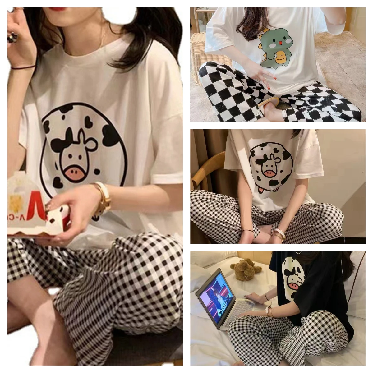 Pajamas Summer Suit Student New Short Sleeve Long Pants Plaid Loose Plus Size Korean Cartoon Loungewear Christmas Birthday Gifts