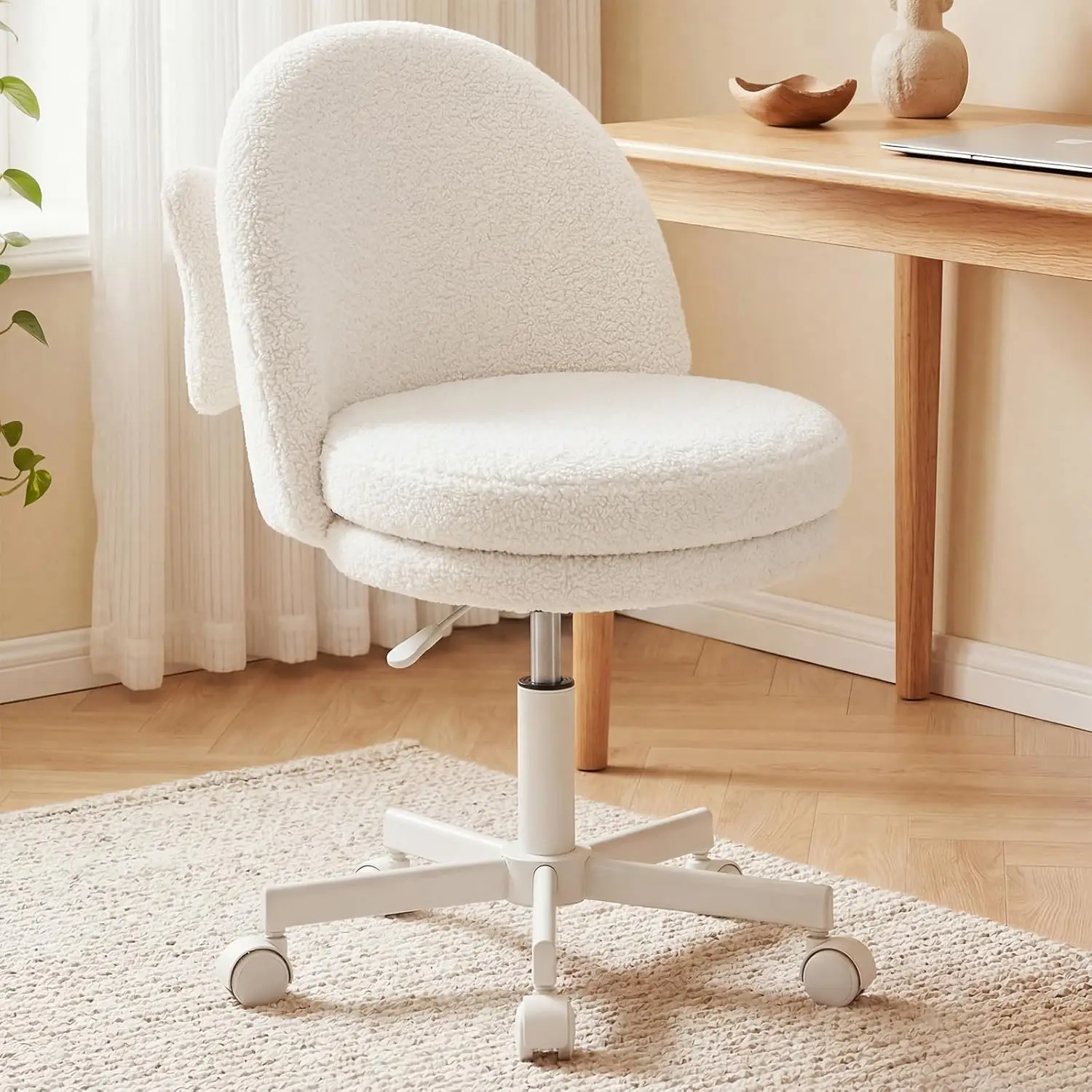 Armless Velvet Rolling Tall Desk Vanity Chair, Multi-Height Adjustable, Ergonomic Design with Bow-Shaped Lumbar Pillow, Can Be Used as Office Chair or Bar Stool, Perfect Gift Choice